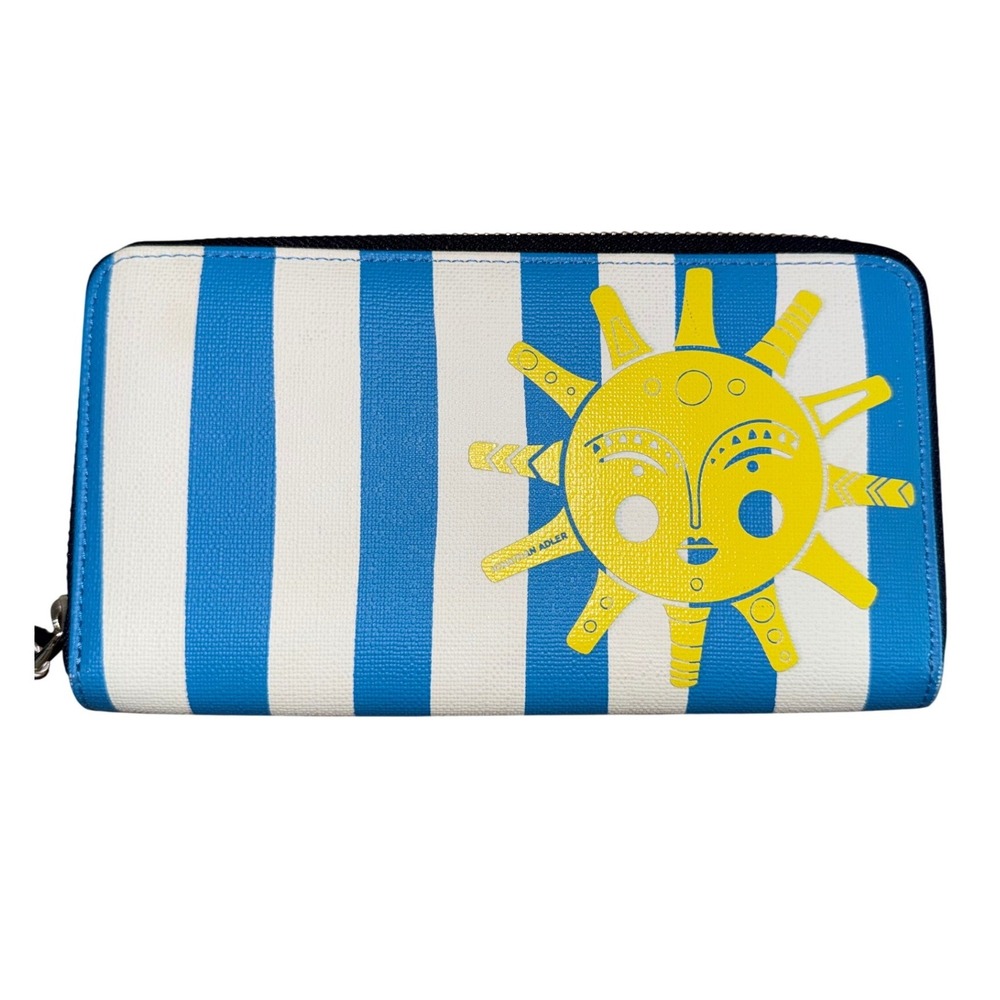 Jonathan‎ Adler Blue White Striped Sun Face Zip Around Wallet New